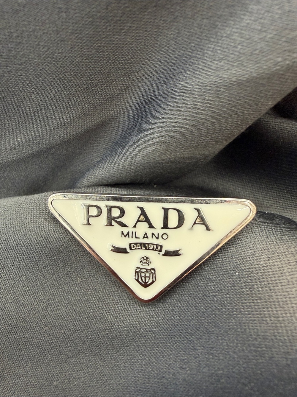 Prada Cream and Silver Triangle Logo Brooch